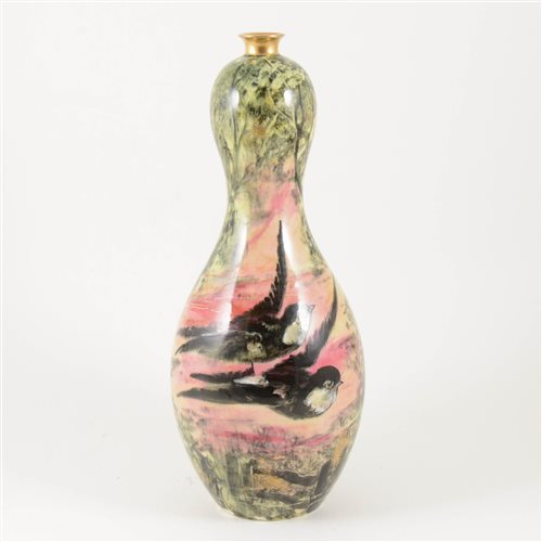 Lot 525 - An Art Nouveau pottery gourd vase with Swallows, by Thomas Forester & Sons, signed Dean