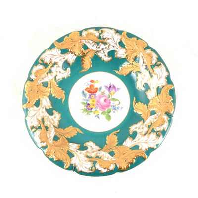 Lot 34 - A Meissen hand painted dish with floral centre, turquoise green border with gilded acanthus leaf decoration around scalloped rim, impressed C113, 30cm