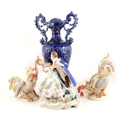 Lot 32 - A Capodimonte cockerel and another similar marked "Made in GDR", a Sitzendorf group of dancers