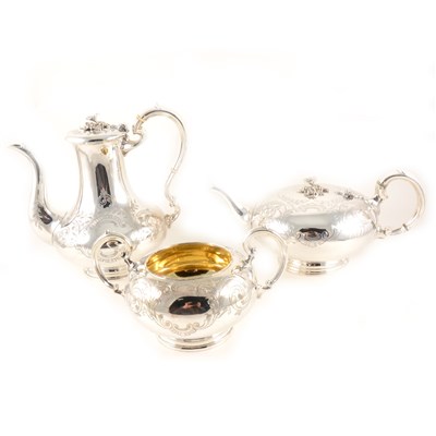 Lot 117 - Victorian electroplated four-piece tea and coffee set, engraved decoration; ...