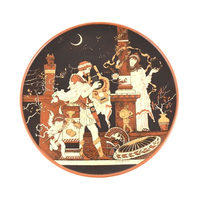 Lot 50 - Mettlach stoneware plaque, Grecian figures by moonlight, after Heinrich Schlitt, ...