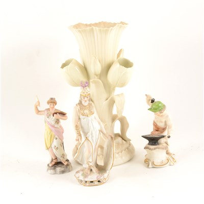 Lot 61 - Belleek vase with flute surrounded with tulips, 24cm; ...