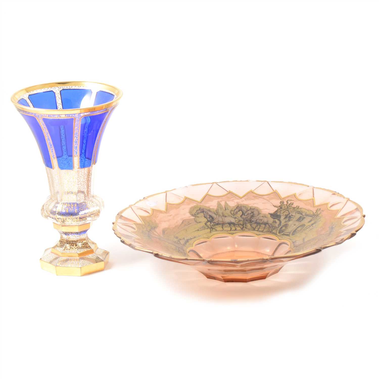 Lot 29 - Bohemian blue over-laid glass trumpet shape vase, and gilt decorated bowl.