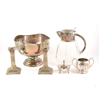Lot 105 - Pair of electroplated Corinthian column candlesticks, 17cm;  and other plated wares.