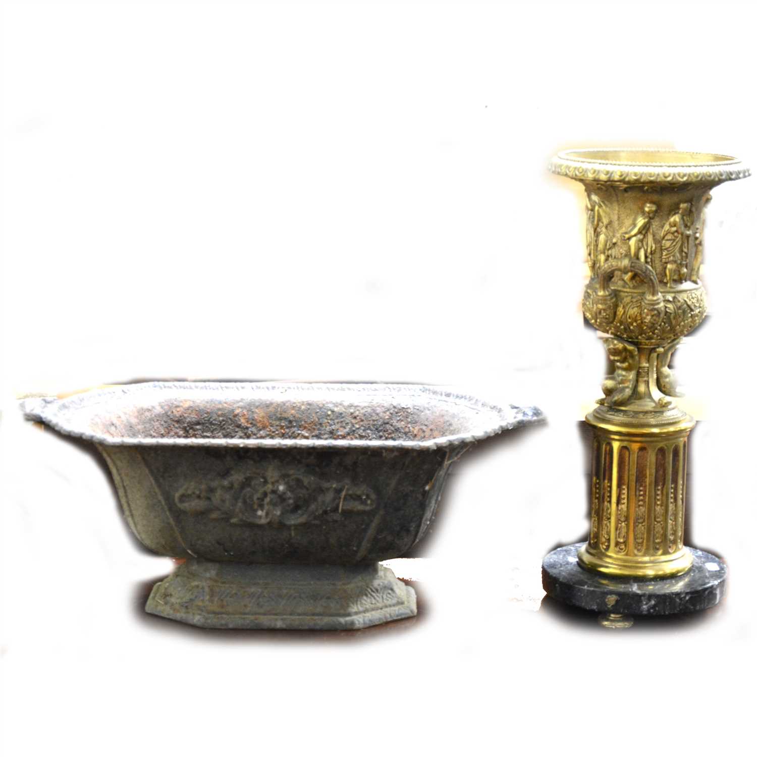 Lot 232 - Cast gilt metal 'Warwick' urn, after the antique, and a cast iron jardinière