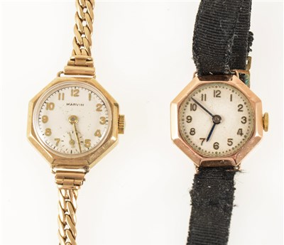 Lot 295 - Two vintage wrist watches, a lady's Marvin with cream coloured arabic dial and subsidiary seconds dial in a 9 carat yellow gold octagonal case