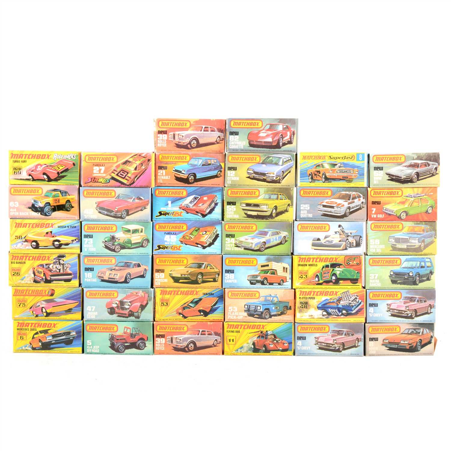 Lot 223 - Thirty-eight Matchbox Superfast models, all cars, all in original boxes.