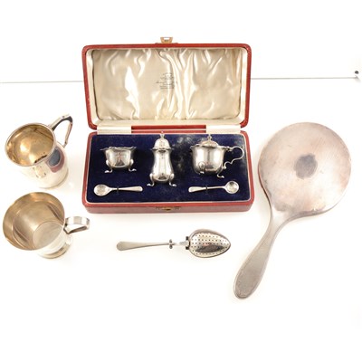 Lot 217 - A cased silver three piece condiment set  with spoons by Adie Brothers Ltd