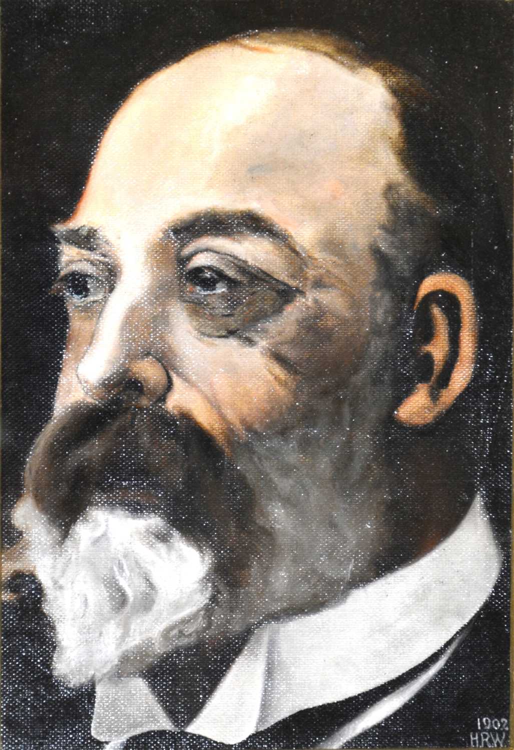 Lot 308 - H.R.W., portrait of King Edward VII, dated 1902, initials and date on bottom right-hand-side, oil on textured board, 23.8cm x 16.3cm visible size.
