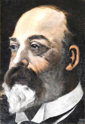 Lot 308 - H.R.W., portrait of King Edward VII, dated 1902, initials and date on bottom right-hand-side, oil on textured board, 23.8cm x 16.3cm visible size.
