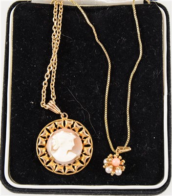 Lot 275 - Two pendants and chains, a circular carved shell cameo