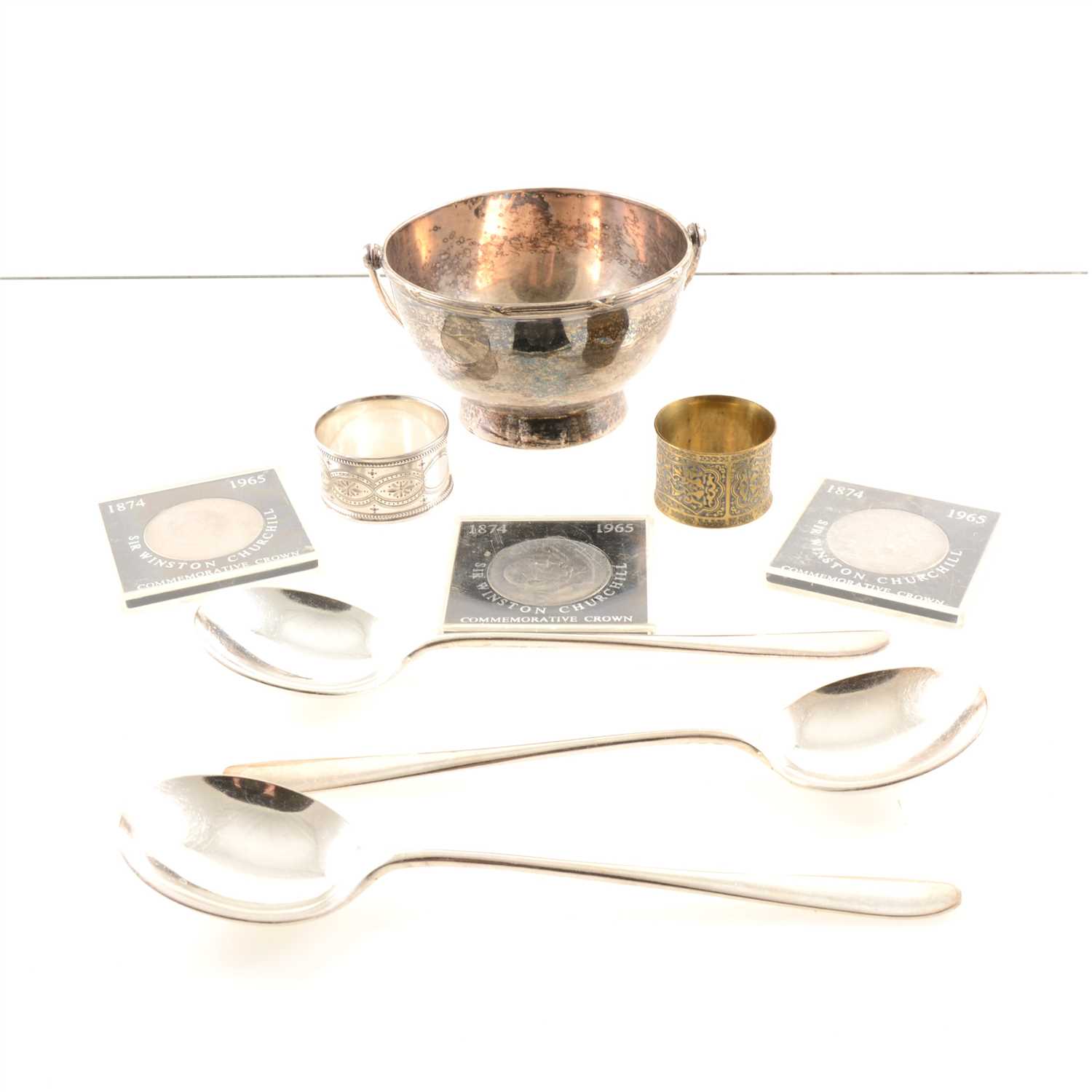 Lot 225 - Silver-plated flatware mainly by Walker & Hall, commemorative crowns, pre decimal coins, presentation packs from Denmark, Iceland, and the USSR, reproduction Roman coins, some paper money etc.
