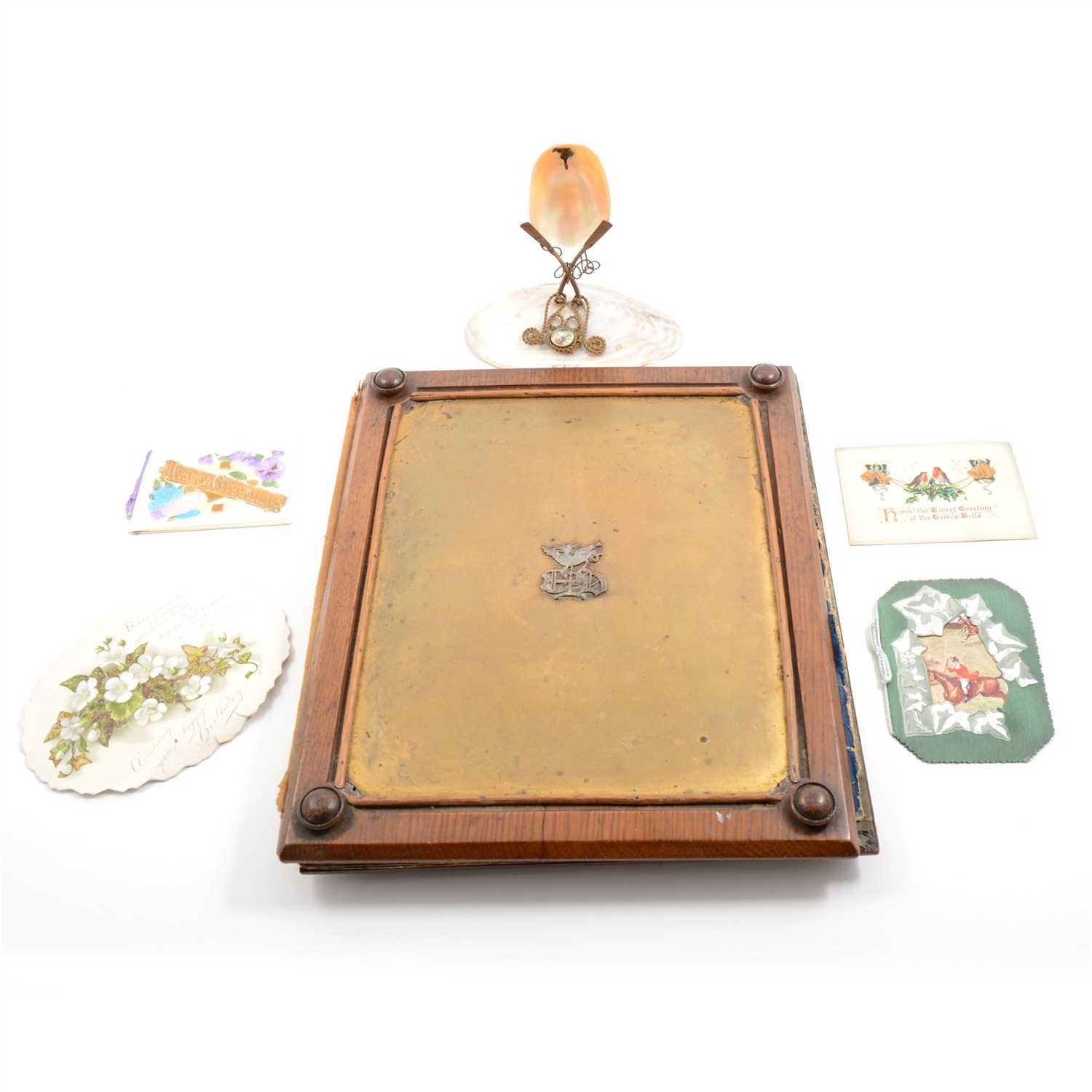 Lot 56 - Victorian desk blotter, souvenir watch stand and ephemera
