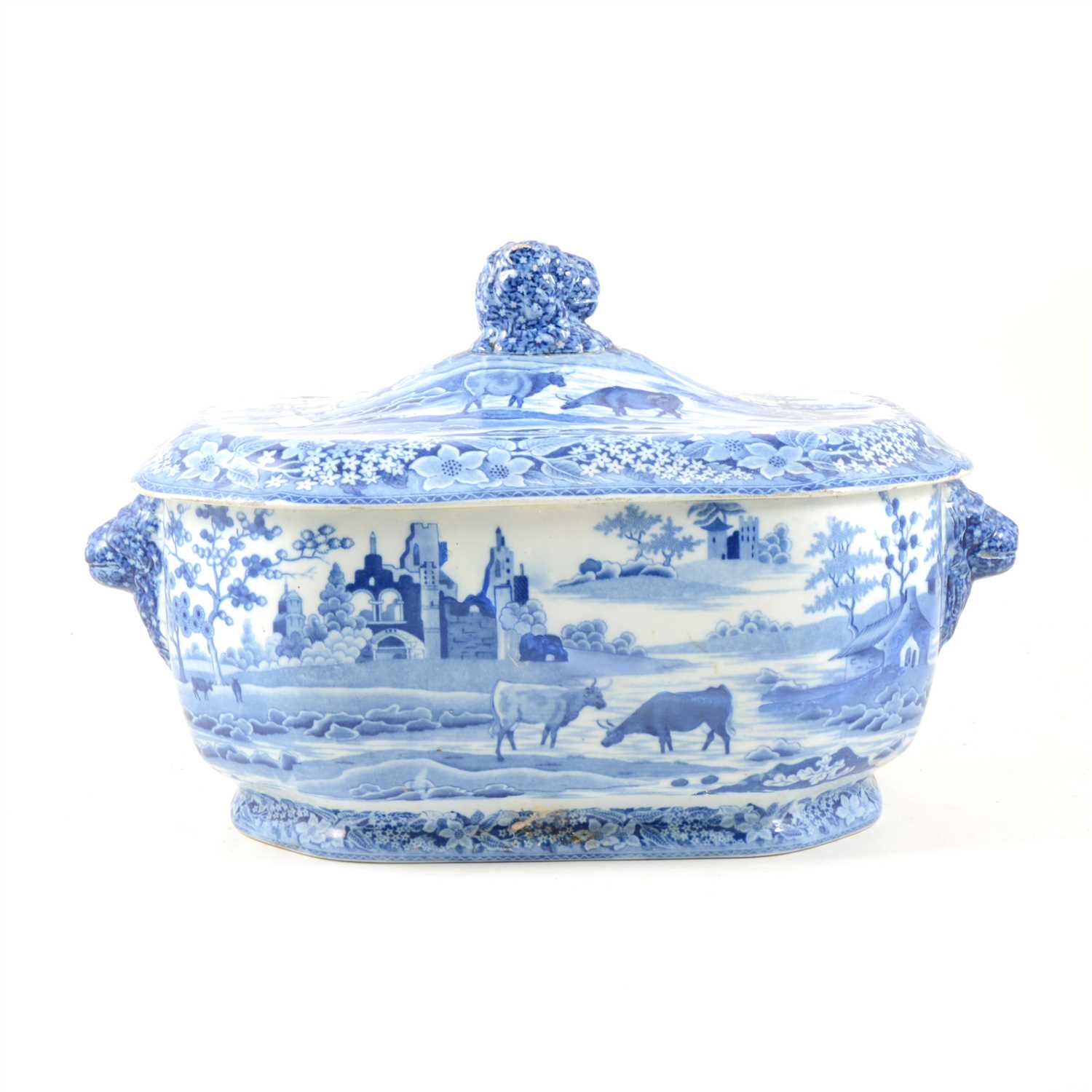 Lot 76 - Staffordshire transferware tureen, decorated with cattle watering, ...