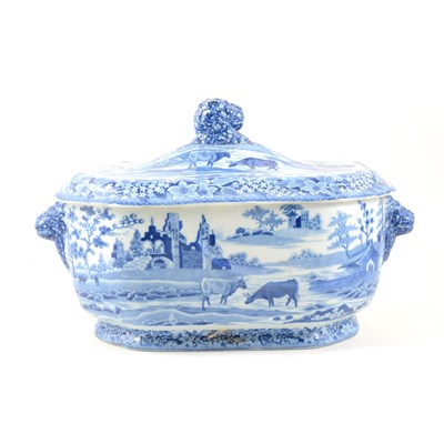 Lot 76 - Staffordshire transferware tureen, decorated with cattle watering, ...