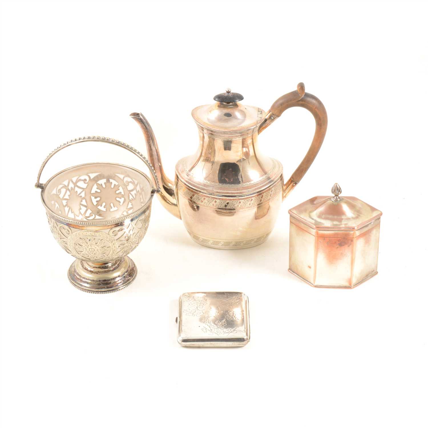 Lot 107 - Collection of electroplated ware, including a tea caddy of hexagonal section, ...