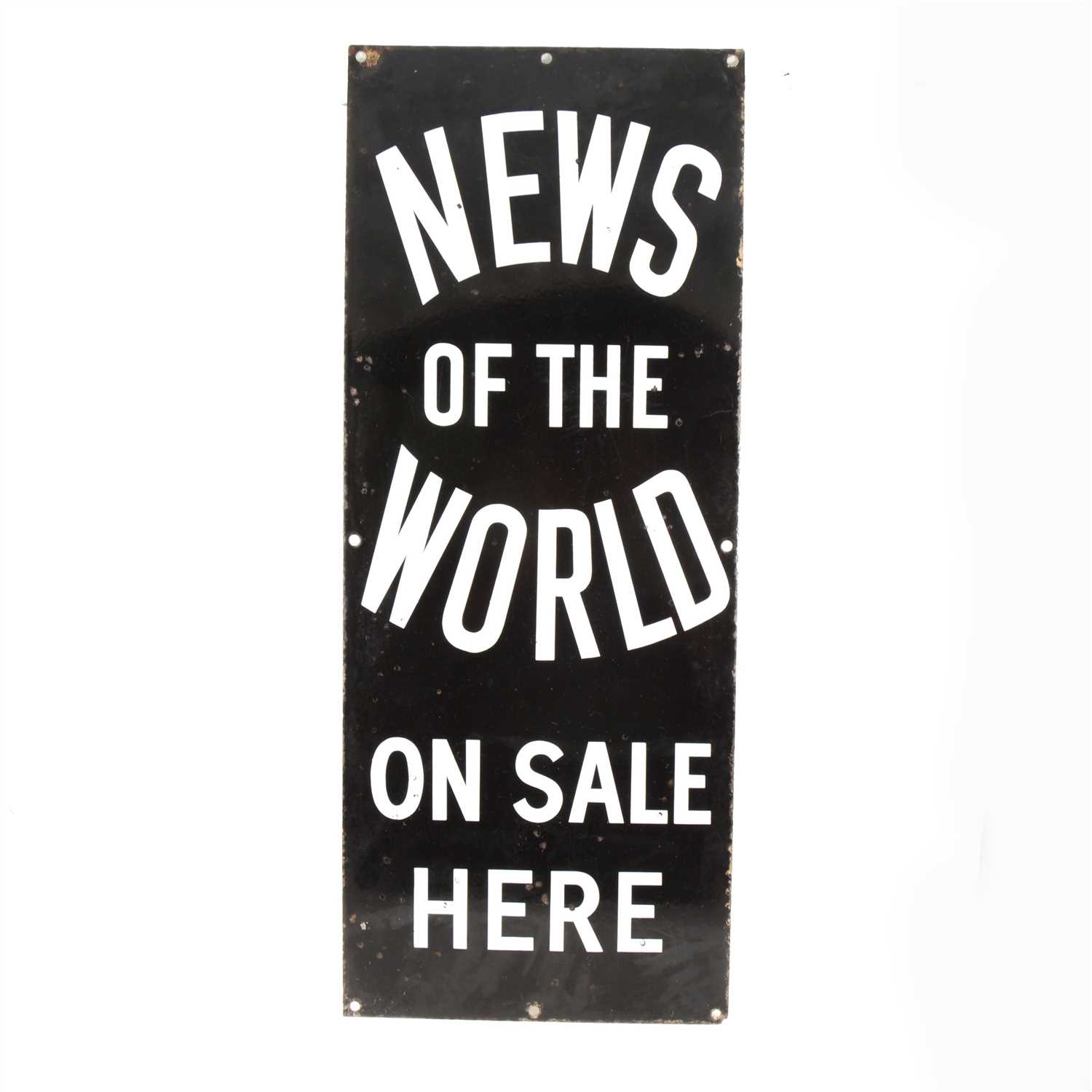 Lot 157 - An enamel sign 'NEWS OF THE WORLD ON SALE HERE', 77cm x 31cm.