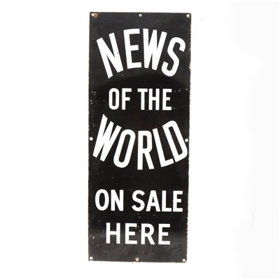 Lot 157 - An enamel sign 'NEWS OF THE WORLD ON SALE HERE', 77cm x 31cm.