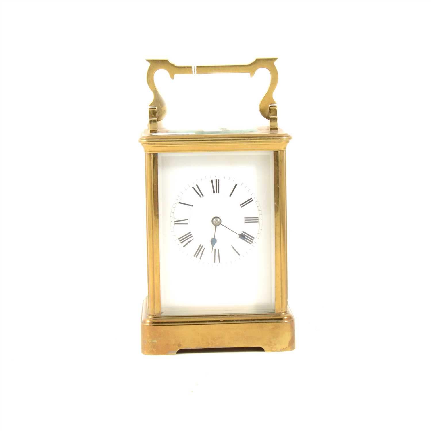 Lot 177 - French brass cased carriage clock, white enamelled dial, platform escapement, 15cm.