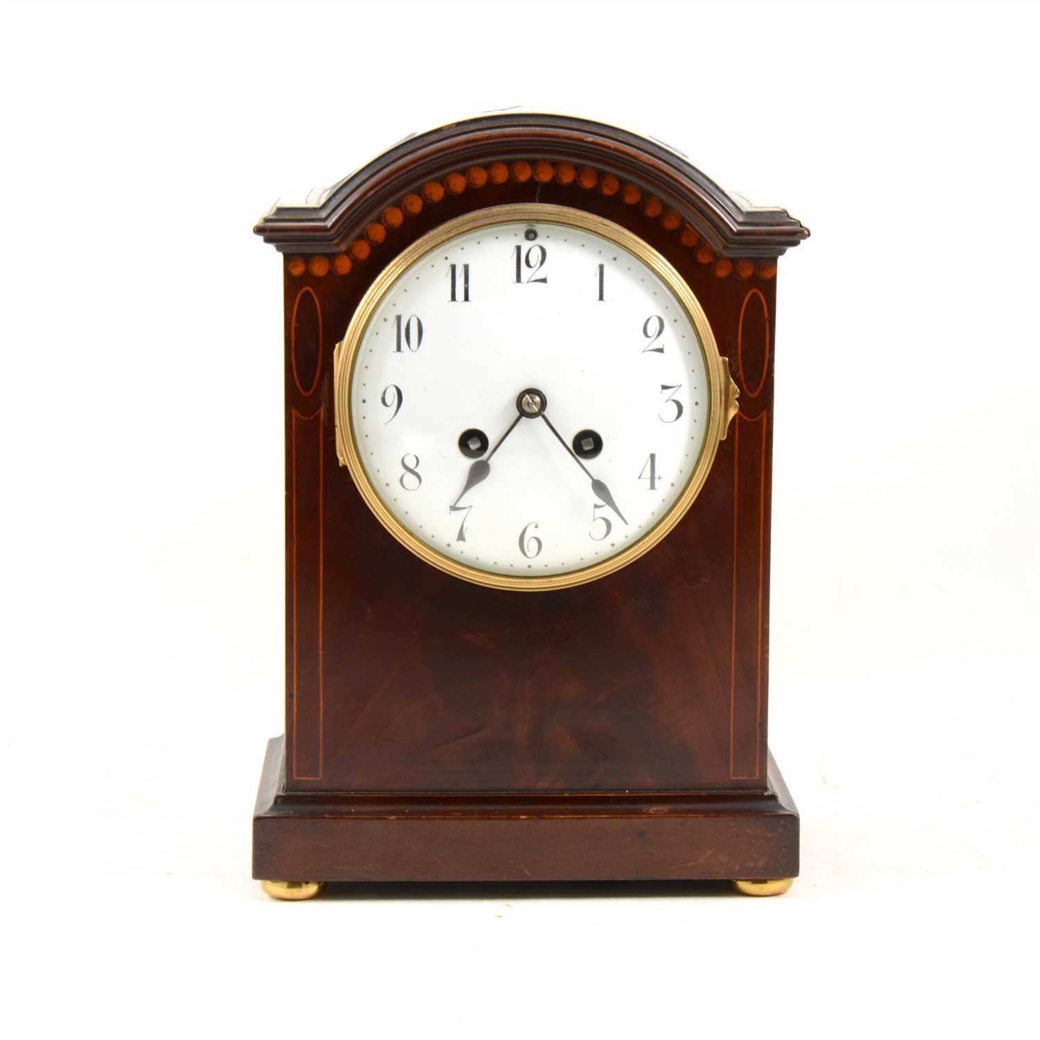 Lot 186 - Edwardian inlaid mahogany mantel clock, arched top, ...
