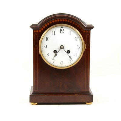 Lot 186 - Edwardian inlaid mahogany mantel clock, arched top, ...