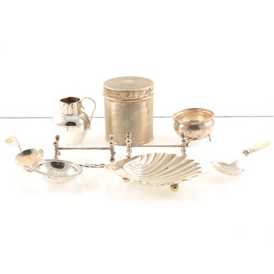 Lot 216 - A selection of silver items, to include an engine-turned jar and lid by Mappin & Webb Ltd, Sheffield 1934, a small jug by George Unite & Sons, Birmingham 1890