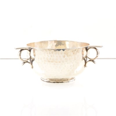 Lot 211 - A silver bowl by Boodle & Dunthorne, hammered finish with three handles, base engraved "Dunthorne 13 Lord Street Liverpool", London 1903, approx. weight 8.5oz.