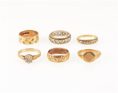 Lot 260 - Six 9 carat gold rings, two wedding rings, a signet ring, a solitaire with illusion set diamond point, a synthetic white spinel full eternity ring and a similar half eternity ring, gross weight...