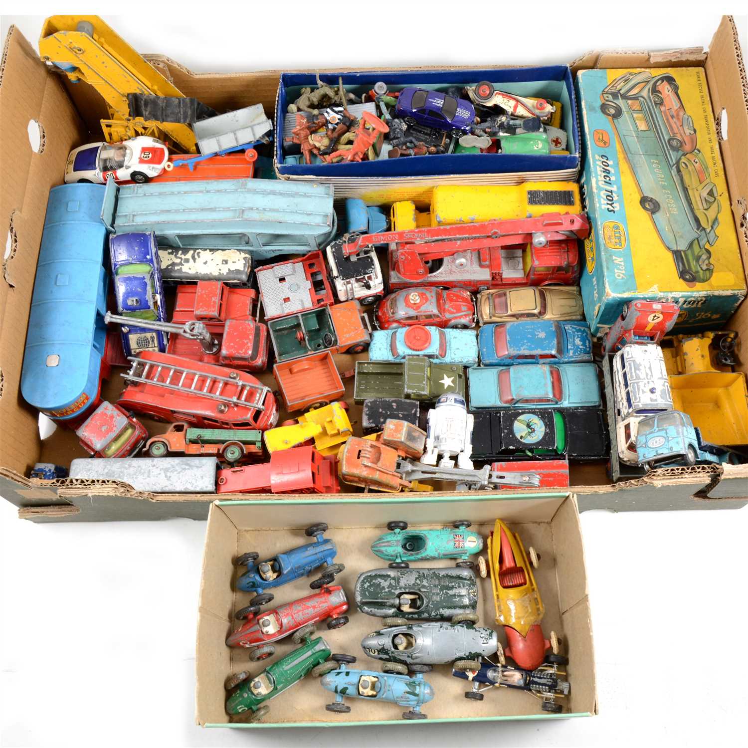 Lot 151 - Die-cast model cars and vehicles, by Dinky, Corgi, Crescent, Matchbox and others, one box