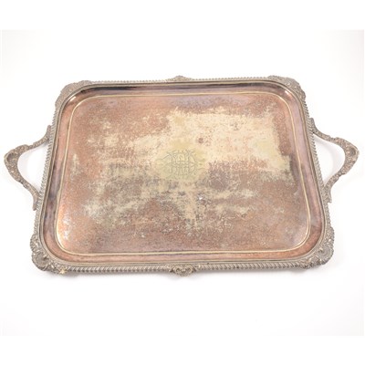 Lot 235 - An electroplated rectangular tray, gadroon and shell motif border, 64.5cm width.
