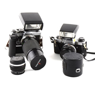 Lot 93 - Collection of Olympus SLR cameras, lenses and accessories.
