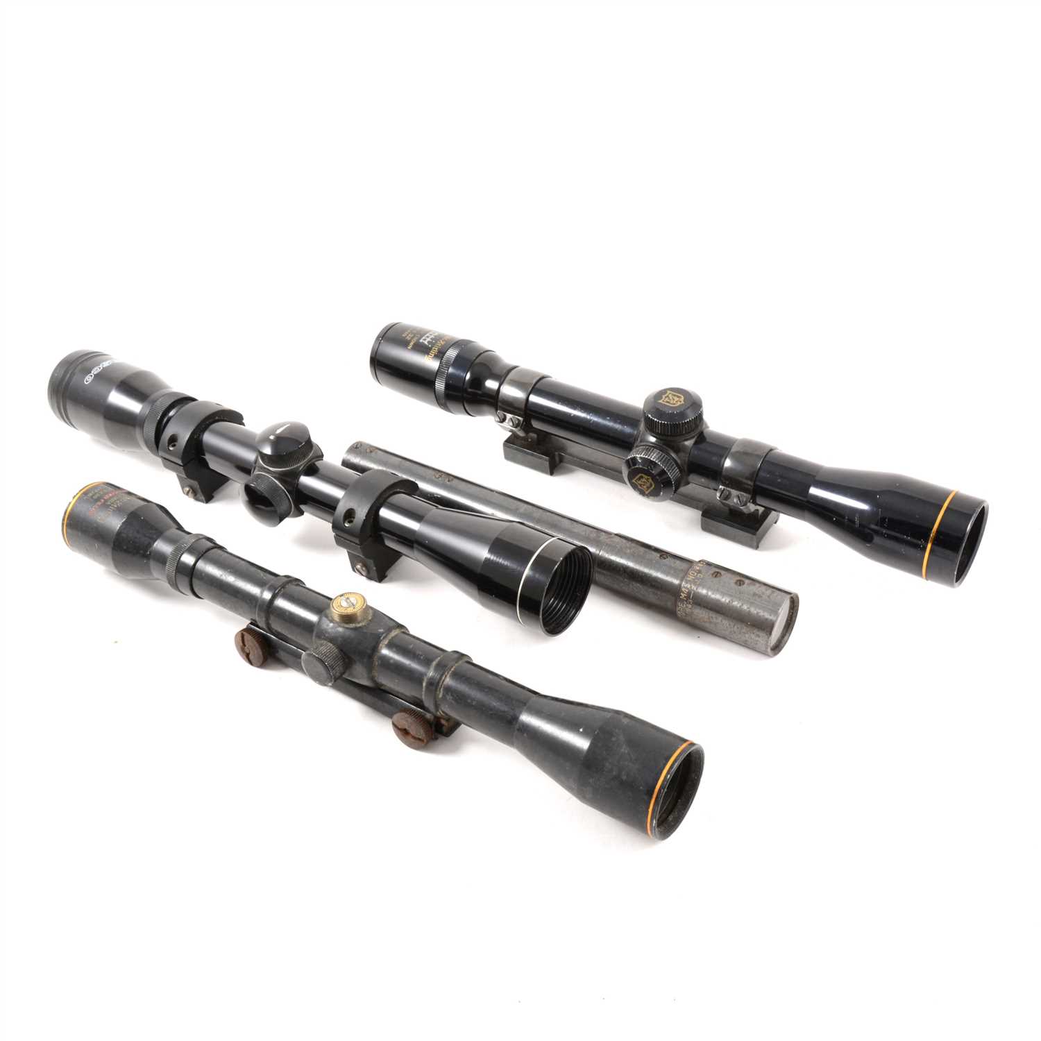 Lot 130 - WWII telescopic sight for a rifle MHR CO., 1943, and three modern telescopic sights.