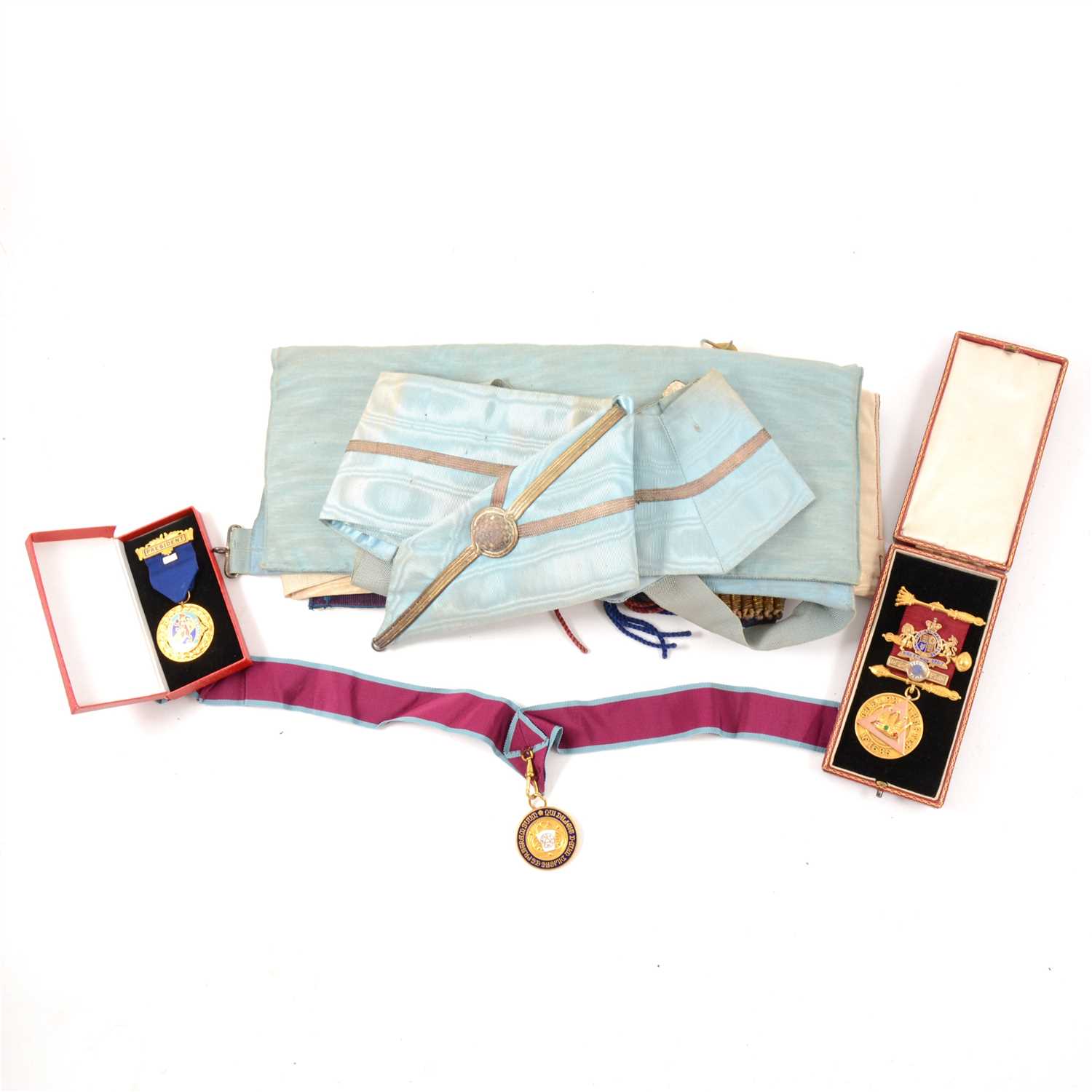 Lot 180 - A large Masonic medal marked 9ct, two medals, various certificates, rule books, etc. two cases.