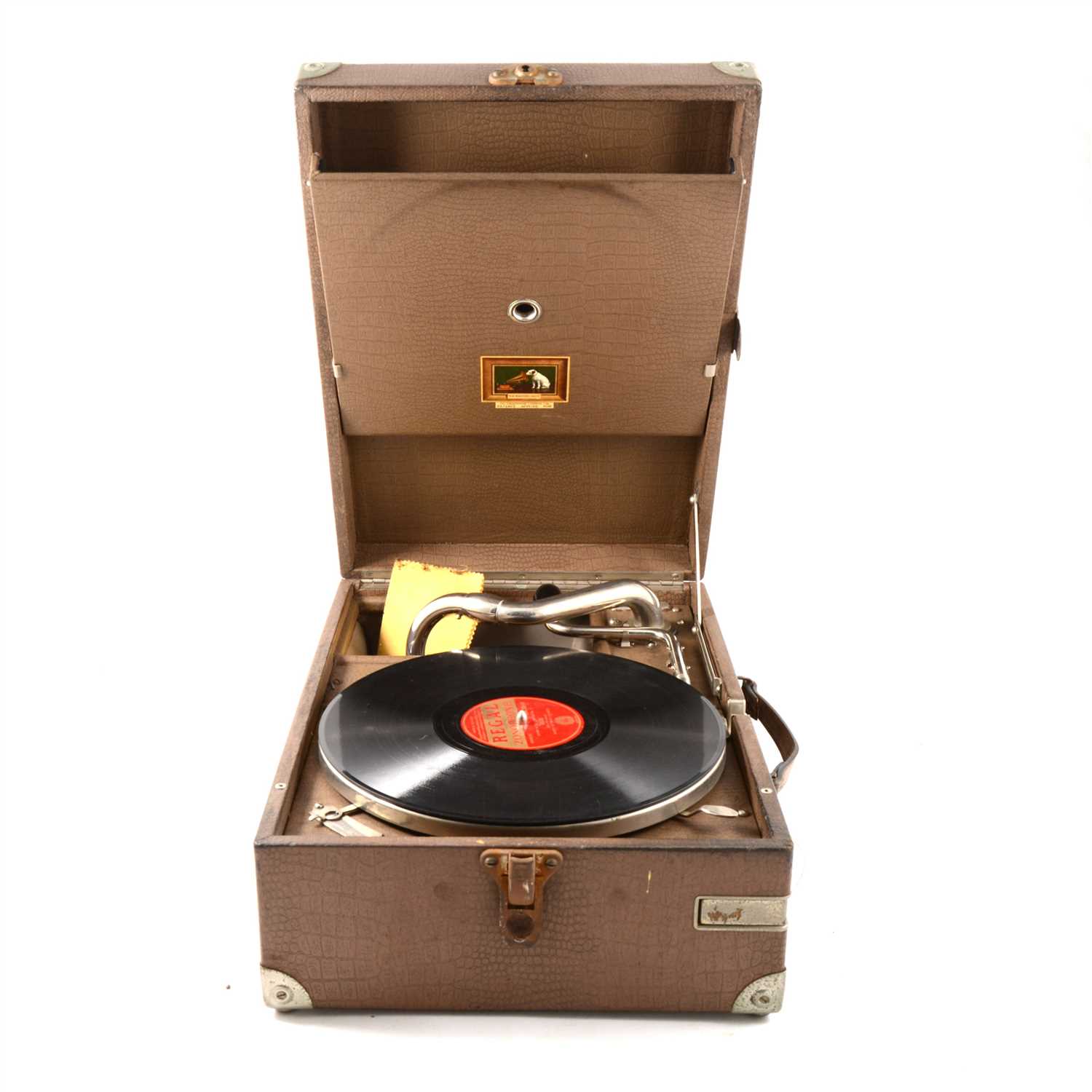 Lot 101 - HMV portable gramophone with brown 'lizard skin' case.