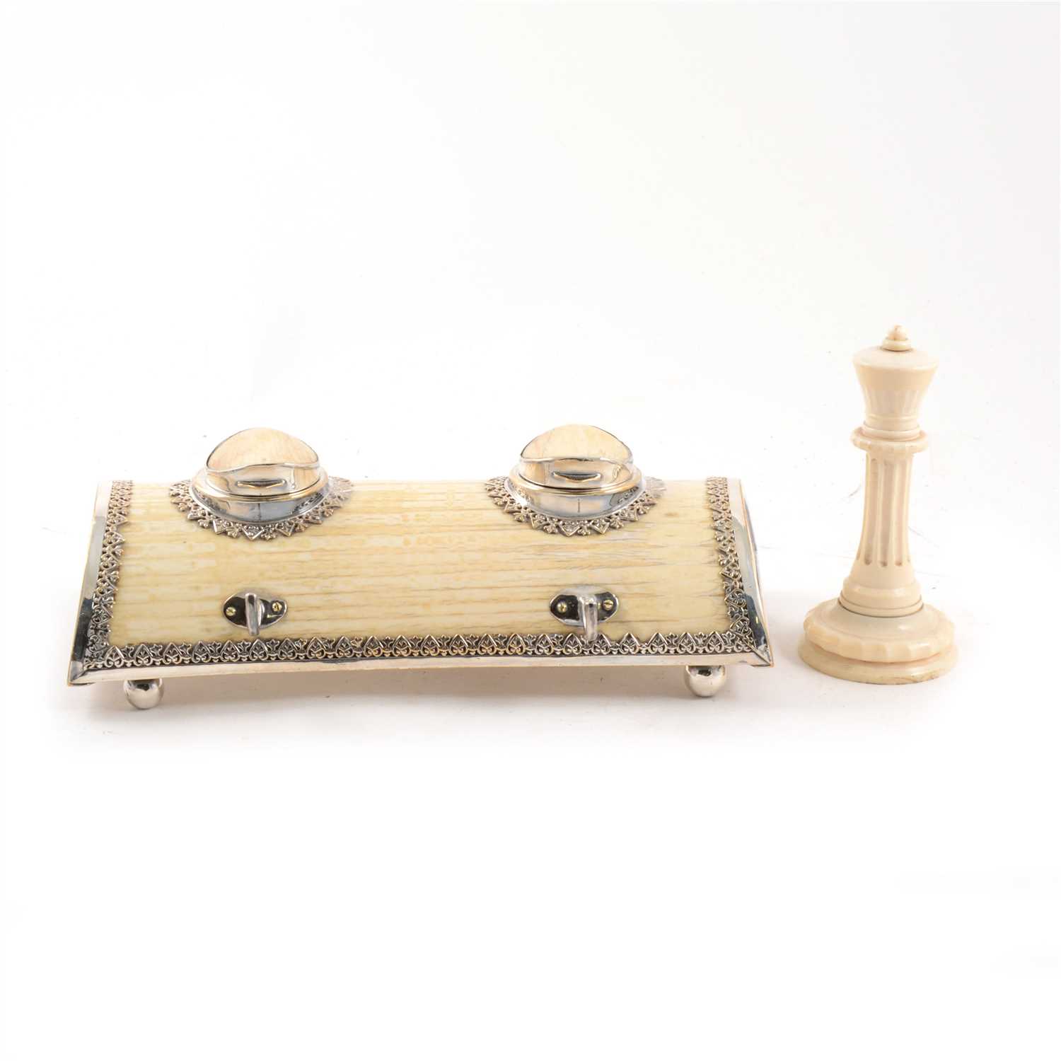 Lot 118 - Early 20th Century Anglo-Indian ivory desk inkstand with plated mounts