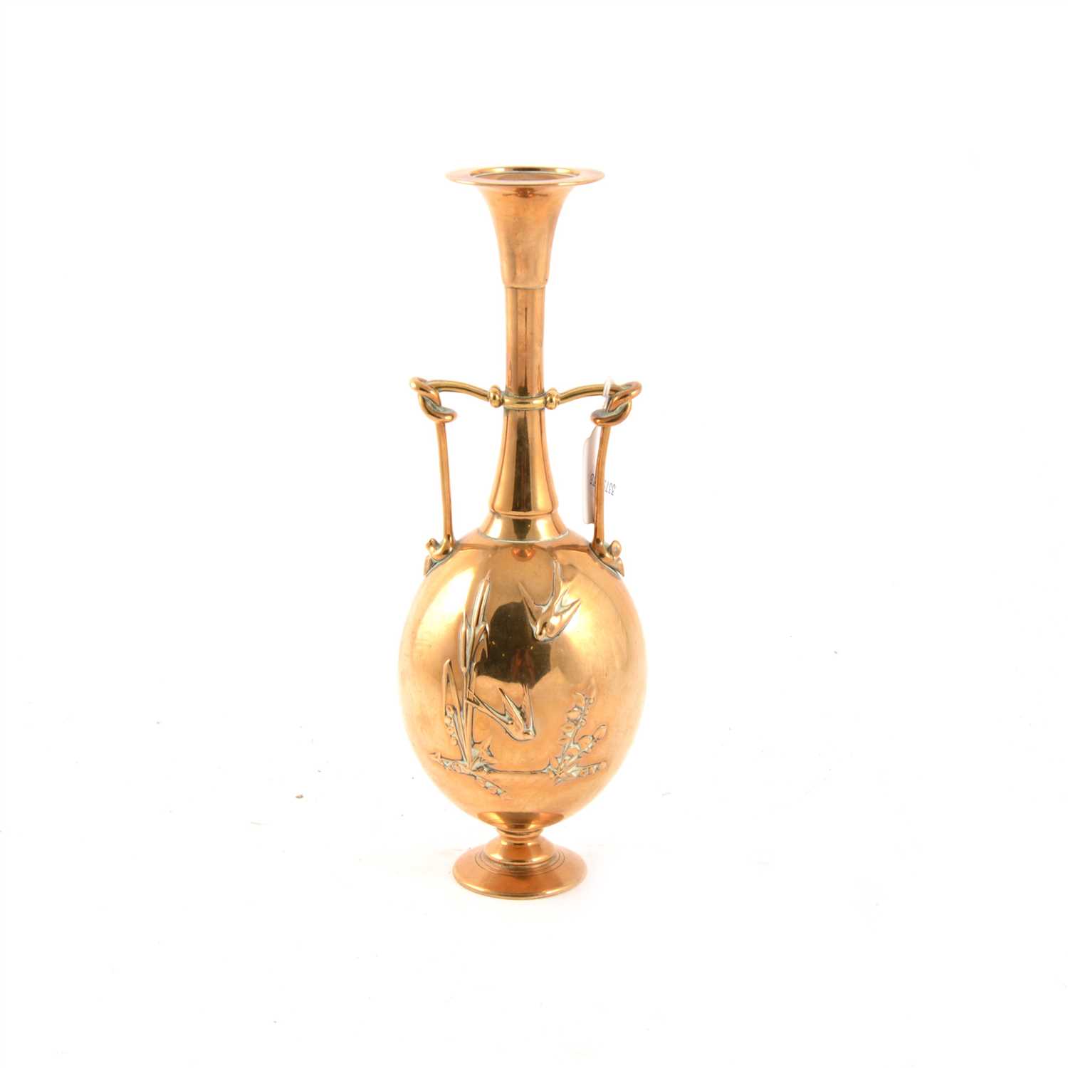 Lot 116 - A Japanese polished bronze two handled vase with relief decoration of flying birds, height 29cm.