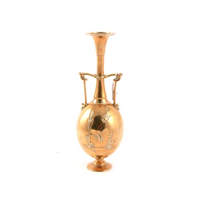 Lot 116 - A Japanese polished bronze two handled vase with relief decoration of flying birds, height 29cm.