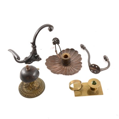 Lot 81 - Arts and Crafts style copper chamberstick, a brass chamberstick, coathooks, etc