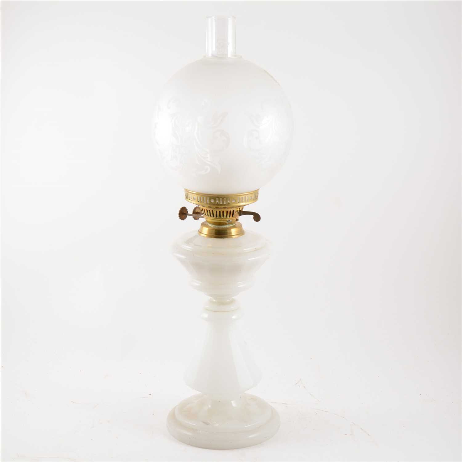 Lot 225 - Opalene glass oil lamp with etched glass shade.