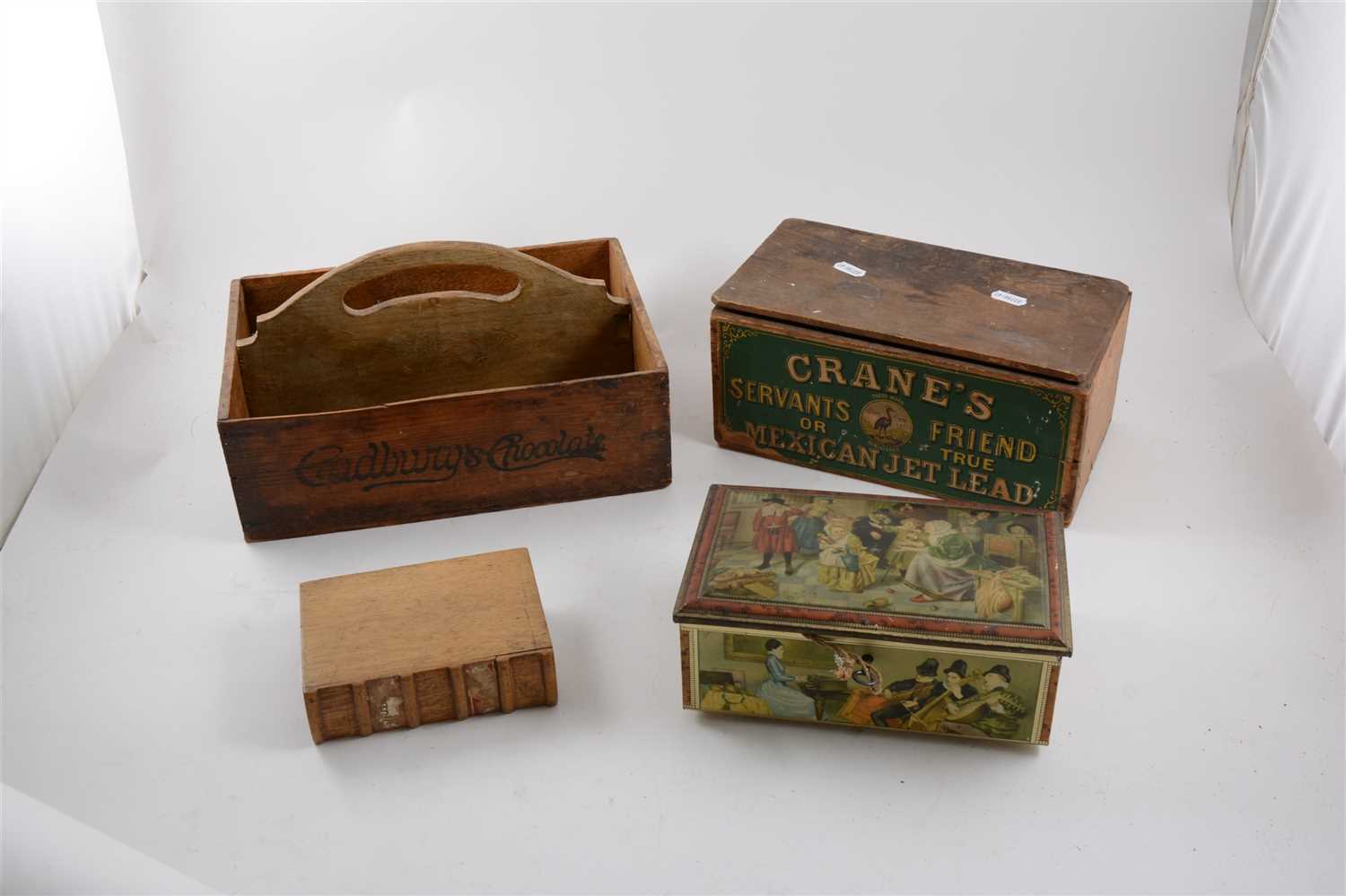 Lot 214 - A wood basket, Cadbury's Milk Chocolate 2d, a Cranes black lead box, ...