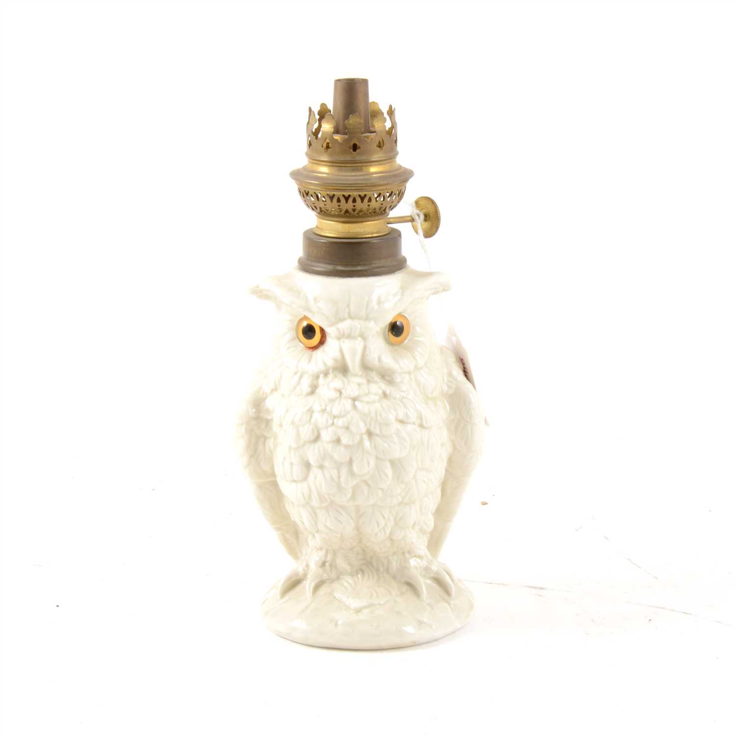 Lot 2 - Edwardian porcelain nursery oil lamp, in the form of an owl