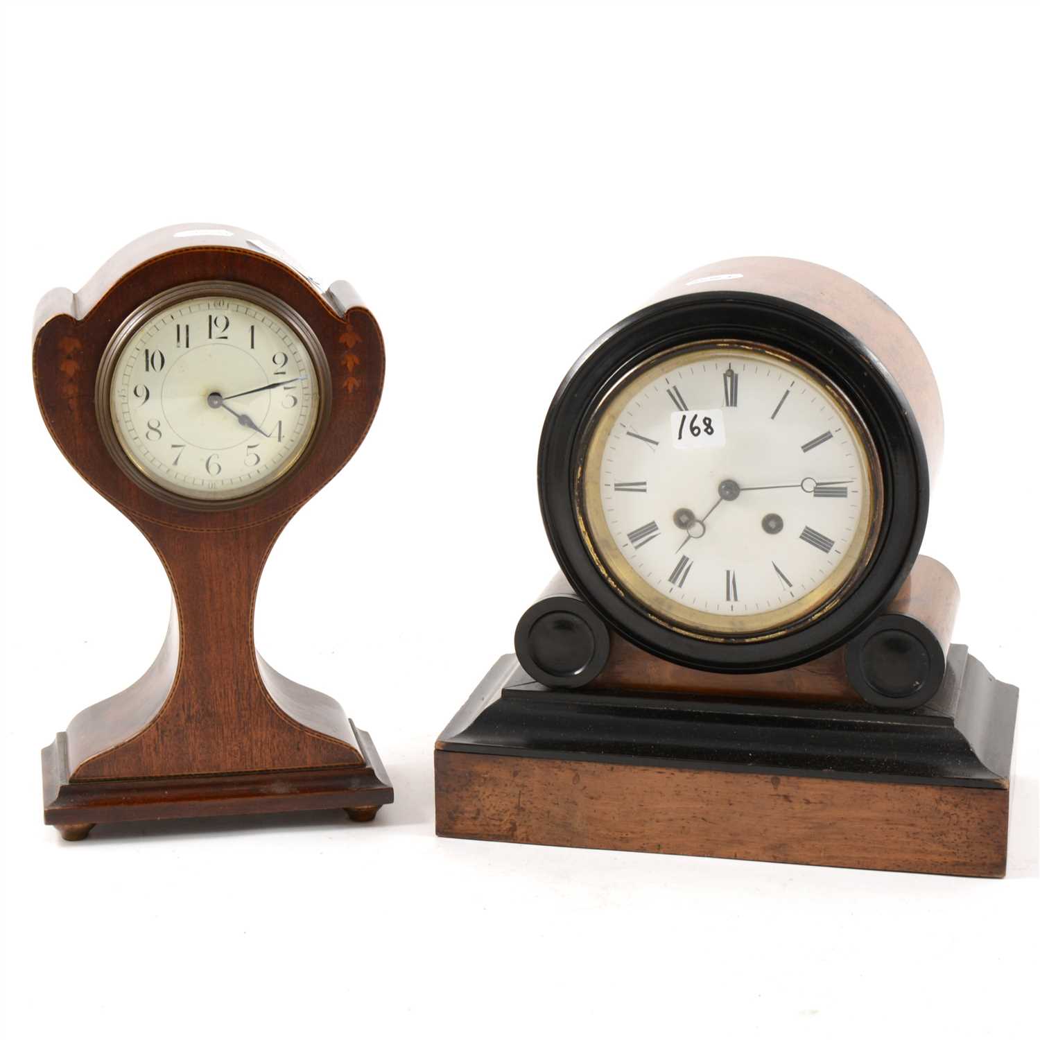 Lot 211 - Edwardian inlaid mahogany balloon shape mantel clock and a drum head clock, (2).