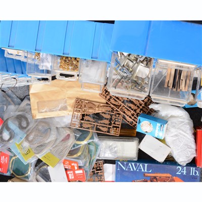 Lot 254 - A good quantity of model ship building spares, parts, pegs, metal strips, wood.