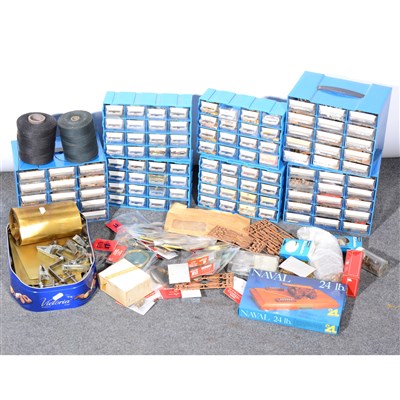 Lot 254 - A good quantity of model ship building spares, parts, pegs, metal strips, wood.