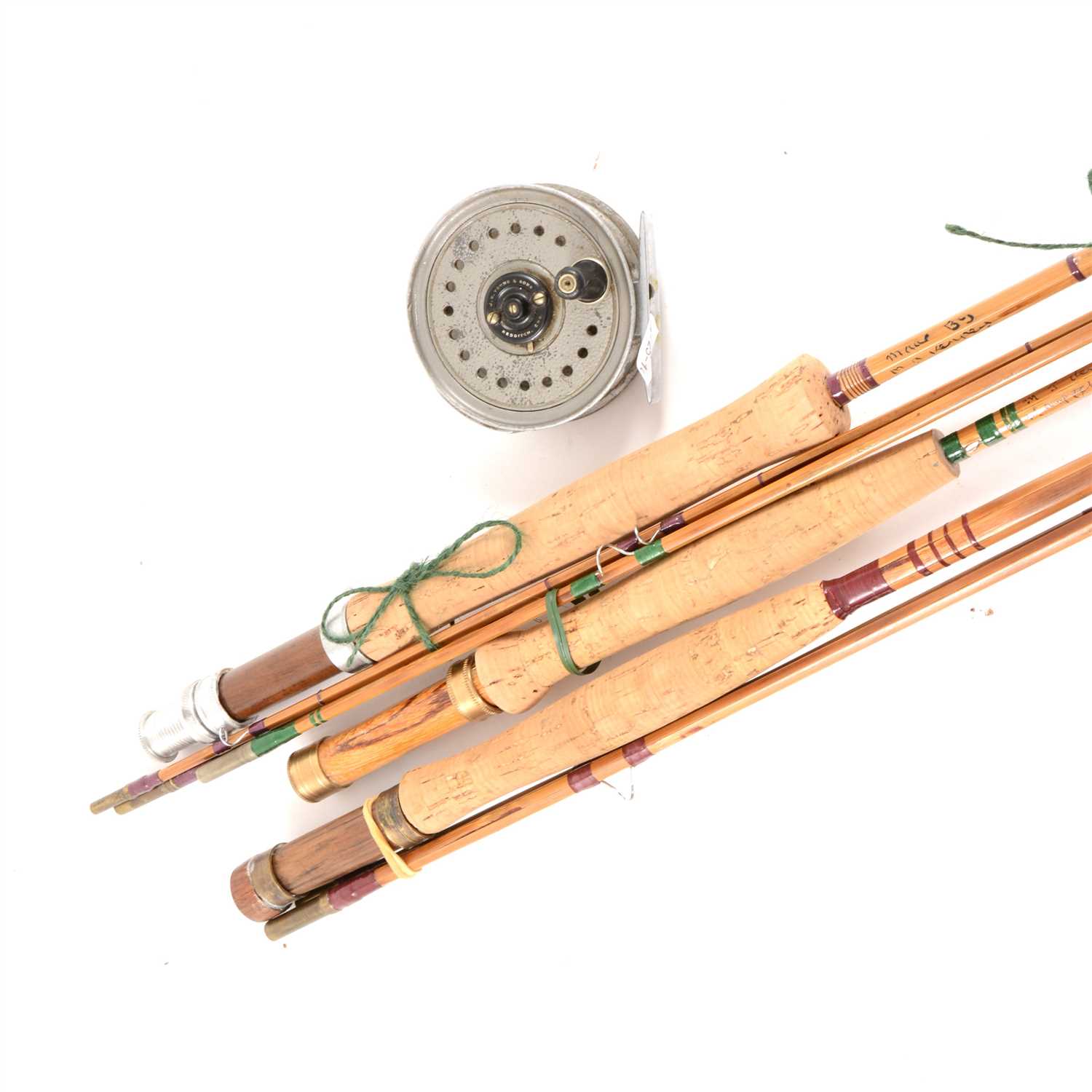 Lot 98 - Fishing: A Beaudex 8cm fly reel; and three split cane rods