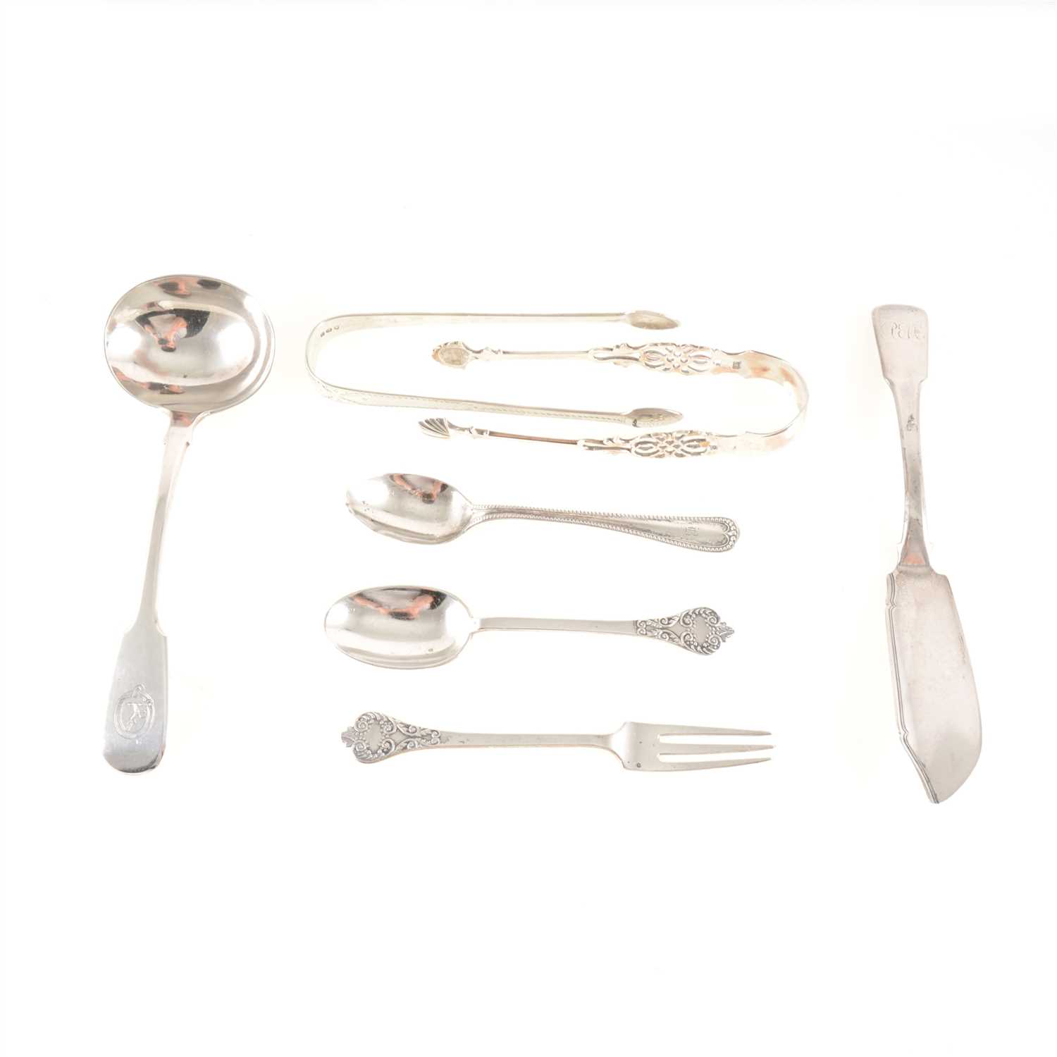 Lot 191 - Silver spoon and fork set by Thomas Bradbury & Sons, Sheffield 1918, a cased spoon, a Victorian Fiddle pattern ladle, a George IV Fiddle pattern butter knife and other items of silver cutlery