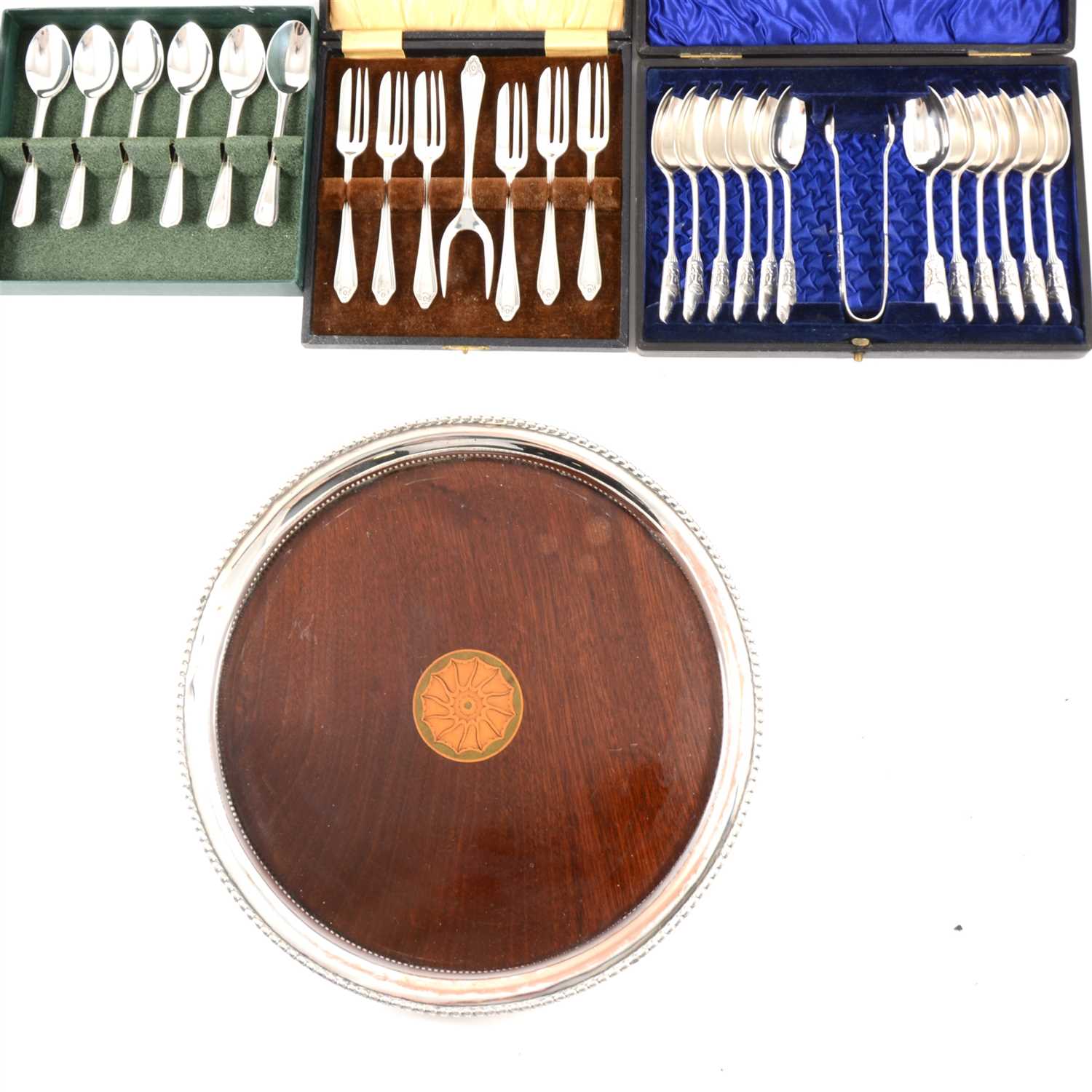 Lot 106 - Inlaid mahogany circular tray with plated surround, and other plated ware.