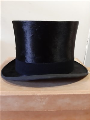 Lot 68 - Black silk top hat, James Lock & Co, London, and a grey top hat