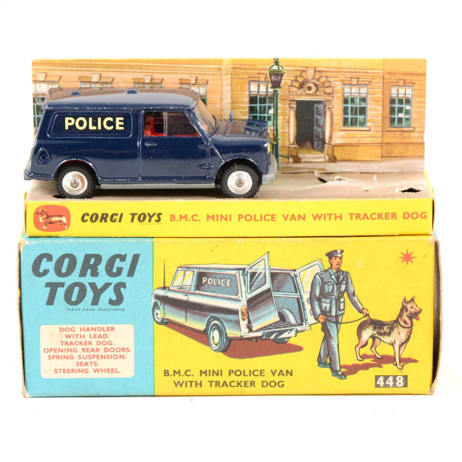 Lot 169 - Corgi Toys; 448 BMC Mini Police Van with tracker dog, (missing figure and dog), boxed with inner tray.