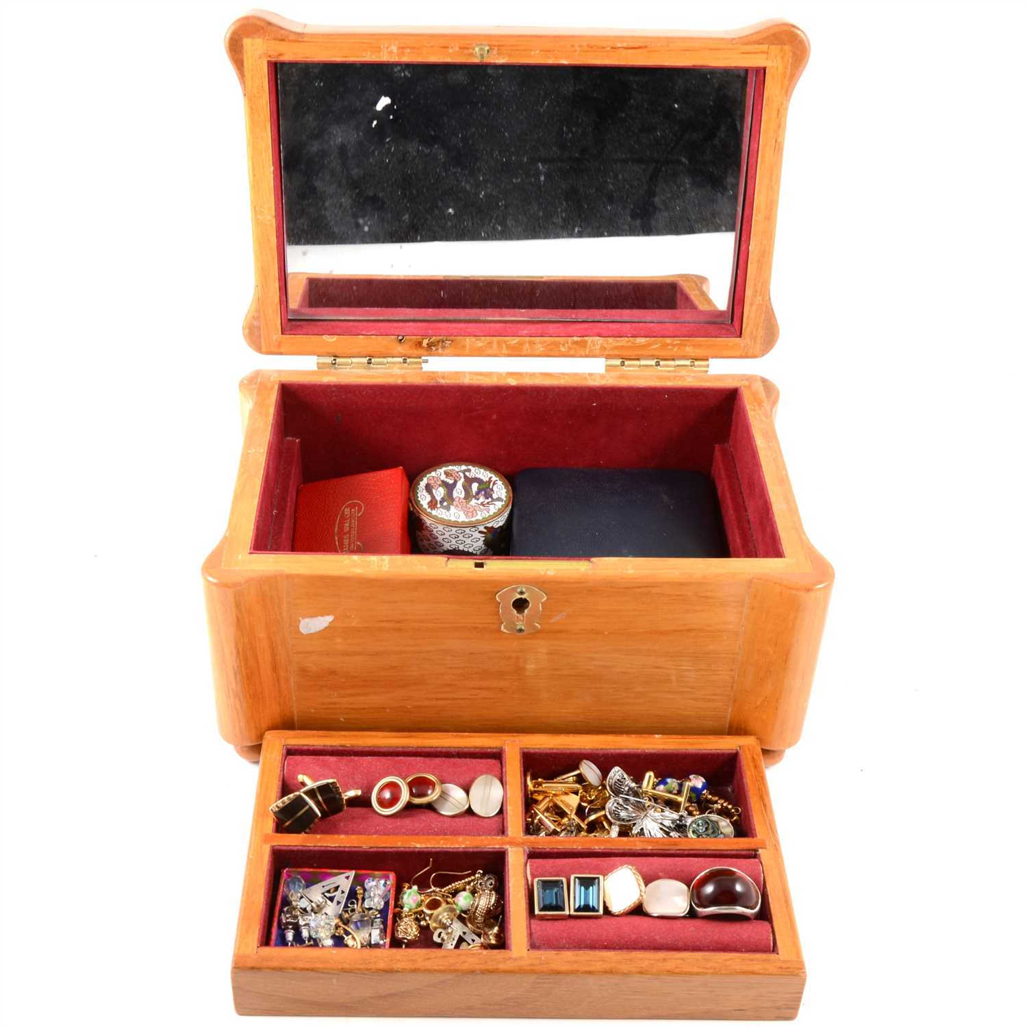 Lot 232 - A jewellery casket with vintage costume jewellery and cufflinks